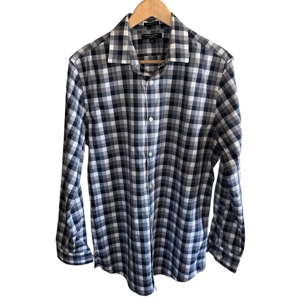Banana Republic Men's Navy White Checkered Plaid Button-Up Shirt Stretch Large